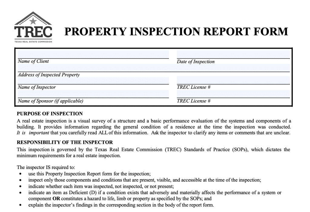 Property Inspection Report form for property inspectors completing home inspections in Texas.