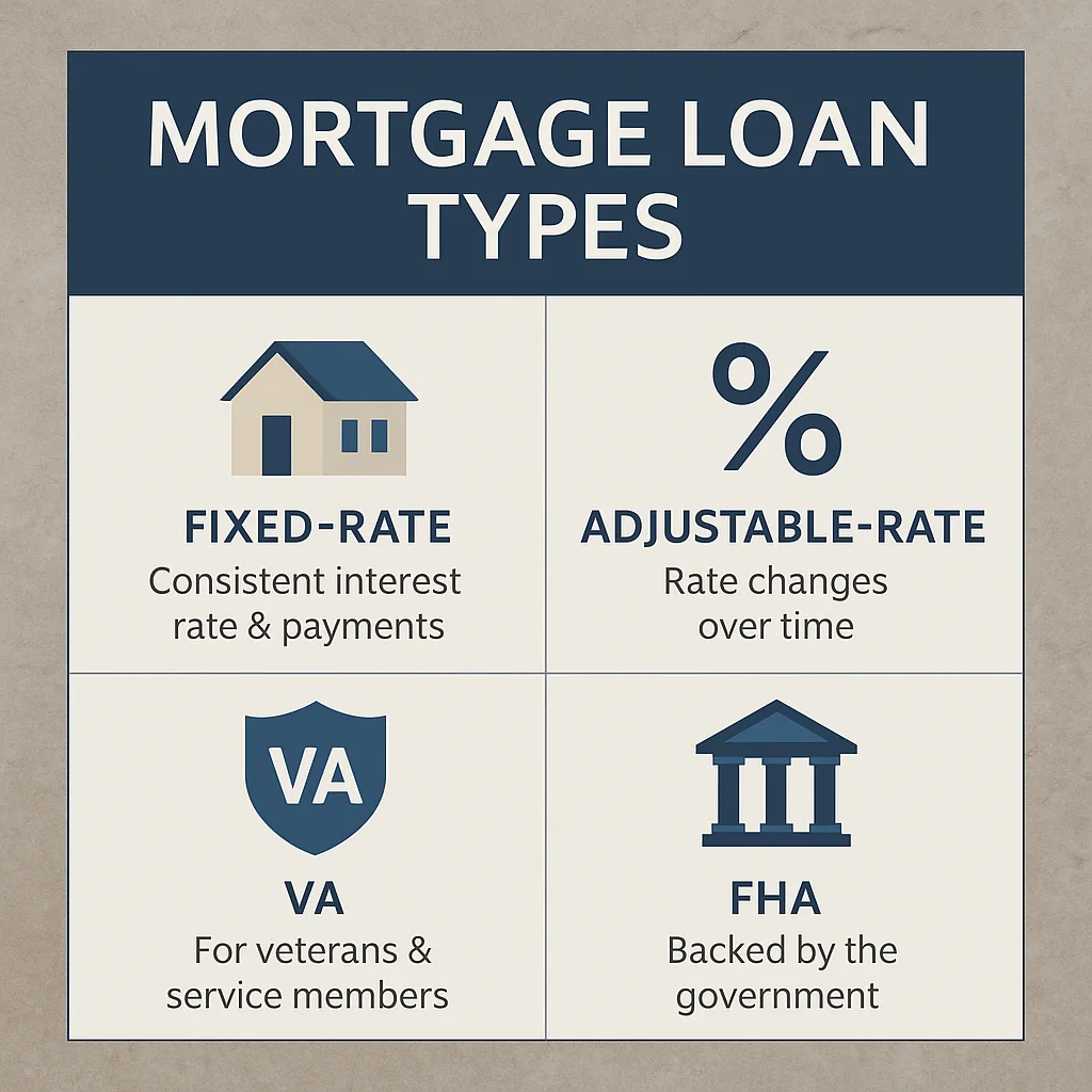 Chart of mortgage loan types: fixed-rate, adjustable-rate, VA and FHA